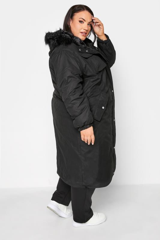 Plus Size Black Faux Fur-Lined Maxi Coat | Yours Clothing 3