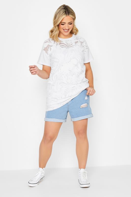 YOURS Plus Size White Floral Mesh Panel T-Shirt | Yours Clothing 2