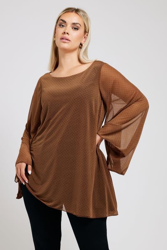 YOURS LONDON Plus Size Brown Long Sleeve Asymmetrical Blouse | Yours Clothing 1