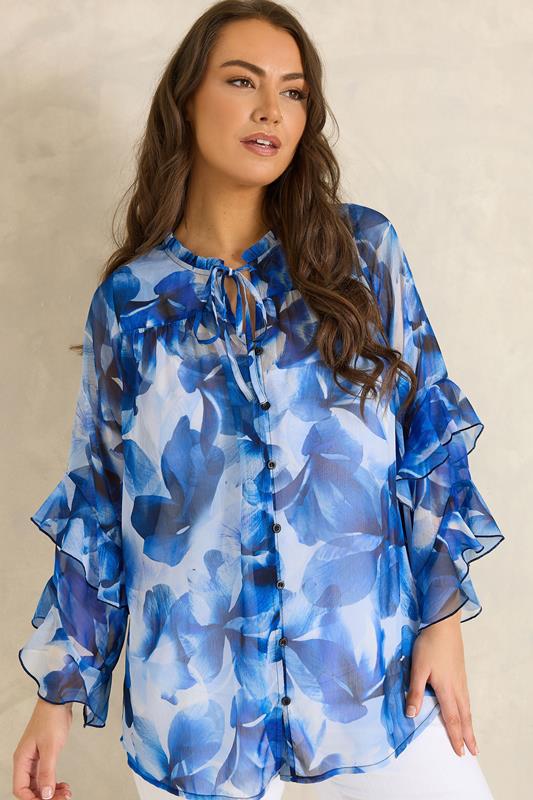  EVANS blusa azul con estampado floral, cuello con lazo y volante