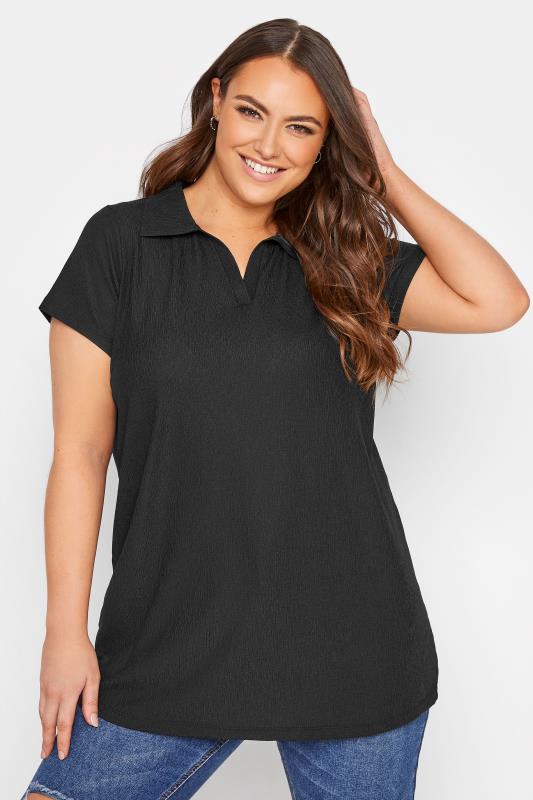 Plus Size  Curve Black Textured Polo T-Shirt