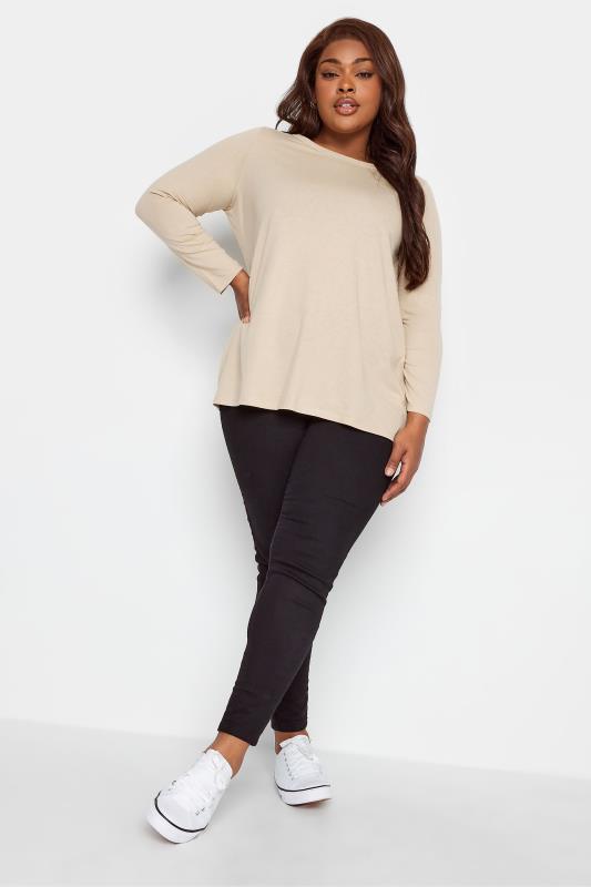 YOURS Curve Plus Size Beige Brown Long Sleeve Basic Top | Yours Clothing 2