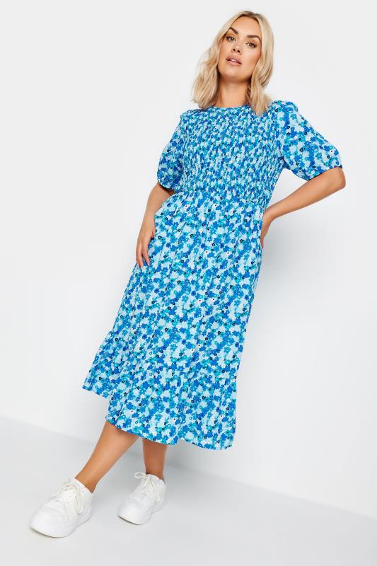 LIMITED COLLECTION Plus Size Blue Floral Print Shirred Midaxi Dress | Yours Clothing 1
