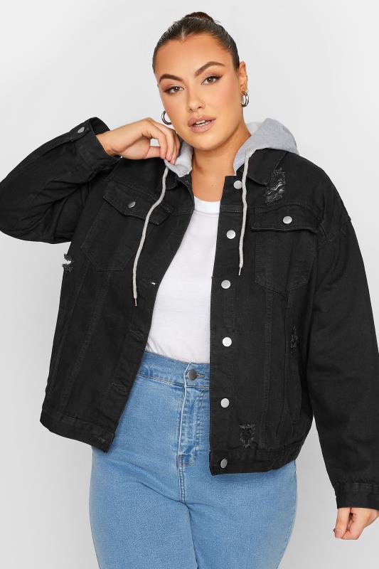 LIMITED COLLECTION Plus Size Black Hooded Distressed Denim Jacket | Yours Clothing 1