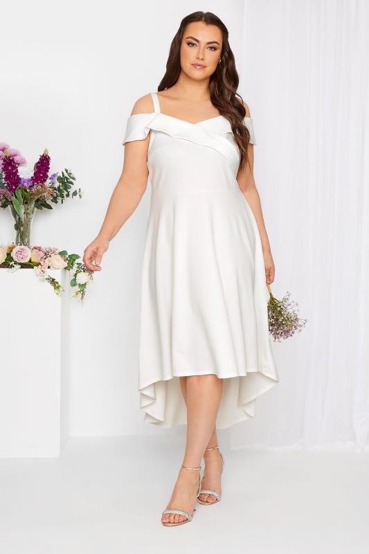 YOURS LONDON Plus Size Curve White Bardot High Low Midi  Dress | Yours Clothing  1