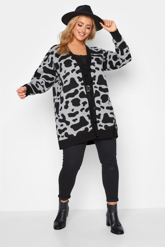 Plus Size Curve Black & Grey Cow Print Knitted Cardigan | Yours Clothing 3
