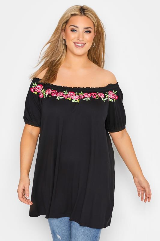  Grande Taille Curve Black Embroidered Bardot Top