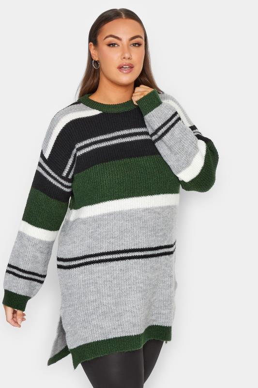 Plus Size Green & Grey Stripe Jumper | Yours Clothing 2