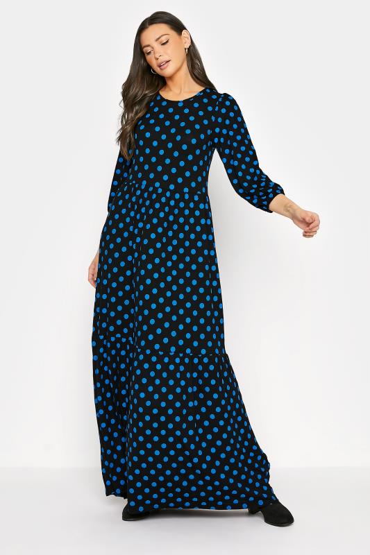 Tall Black & Blue Polka Dot Smock Midaxi Dress 1