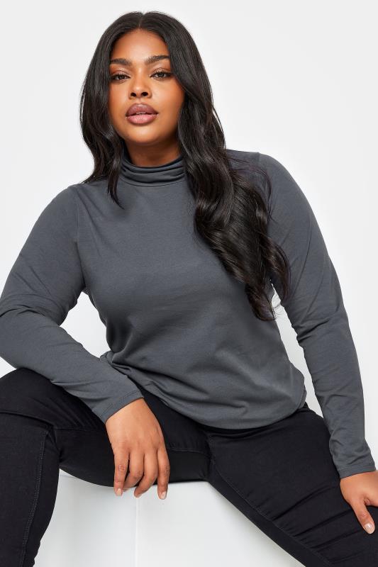 YOURS Plus Size Charcoal Grey Long Sleeve Turtle Neck Top | Yours Clothing 1