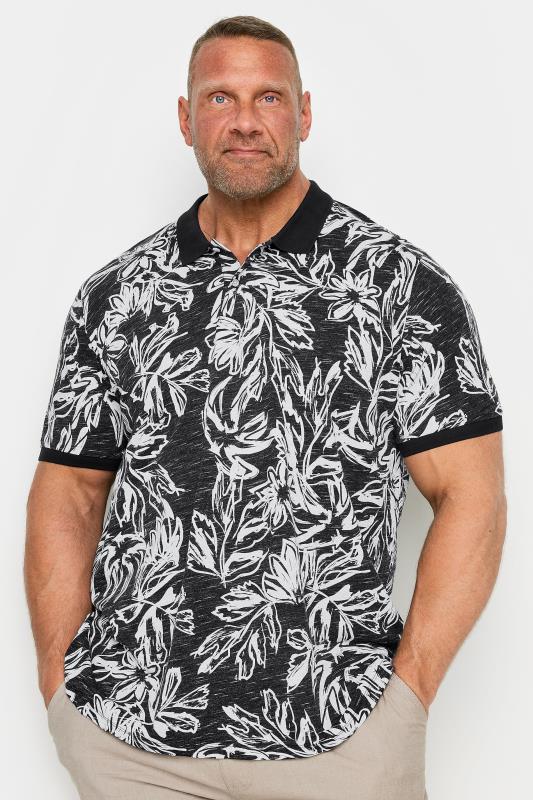 JACK & JONES Big & Tall Black Tropical Print Short Sleeve Polo Shirt | BadRhino 1