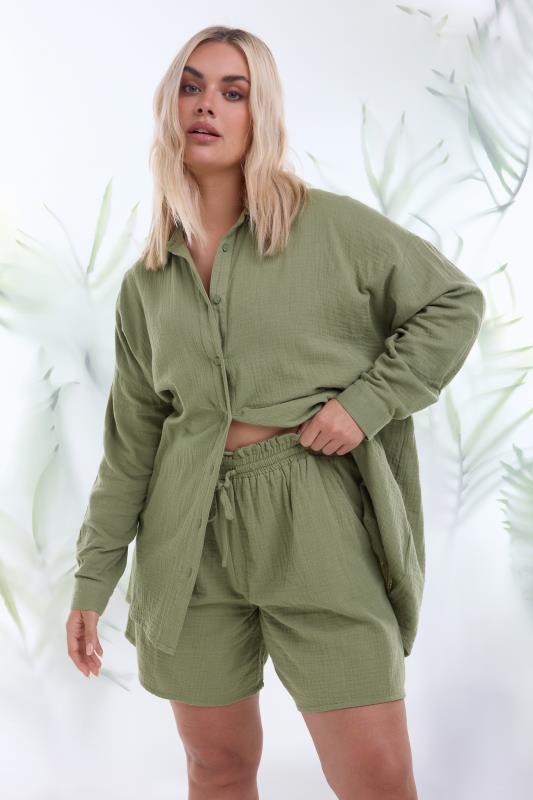  Grande Taille YOURS Curve Khaki Green Pure Cotton Cheesecloth Shirt