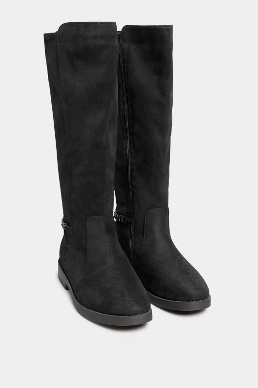 Curve Black Suede Knee High Chain Detail Boots In Wide E Fit & Extra Wide EEE Fit  2