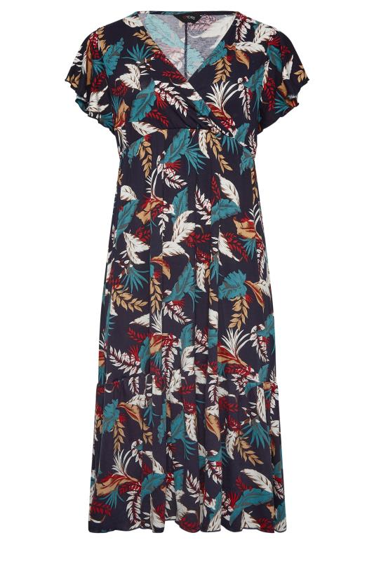 YOURS Plus Size Navy Blue Leaf Print Frill Sleeve Wrap Maxi Dress | Yours Clothing 6