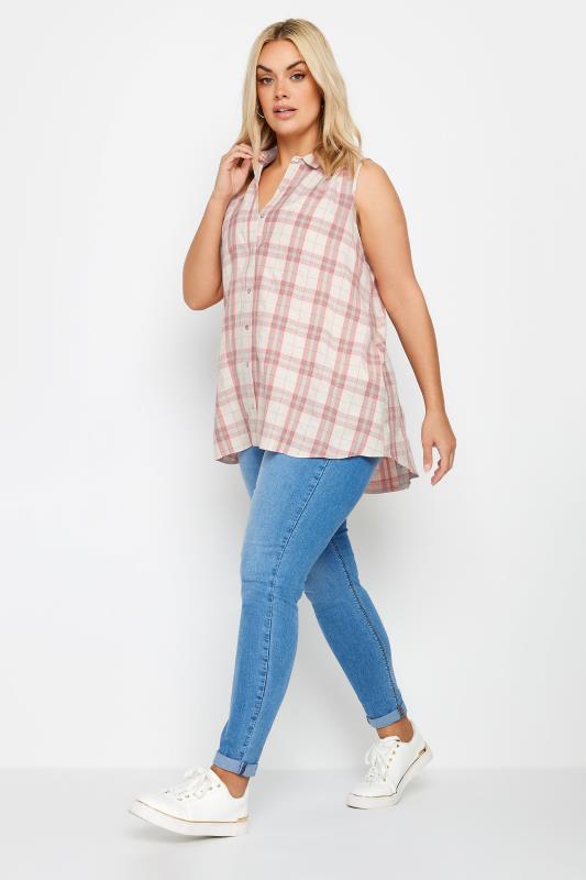 YOURS Plus Size Pink Check Sleeveless Shirt | Yours Clothing 2
