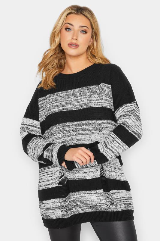 Plus Size Black Distressed Stripe Oversized Jumper | Yours Clothing 1
