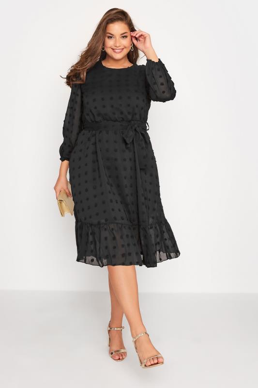 Plus Size YOURS LONDON Black Dobby Puff Sleeve Dress | Yours Clothing 1