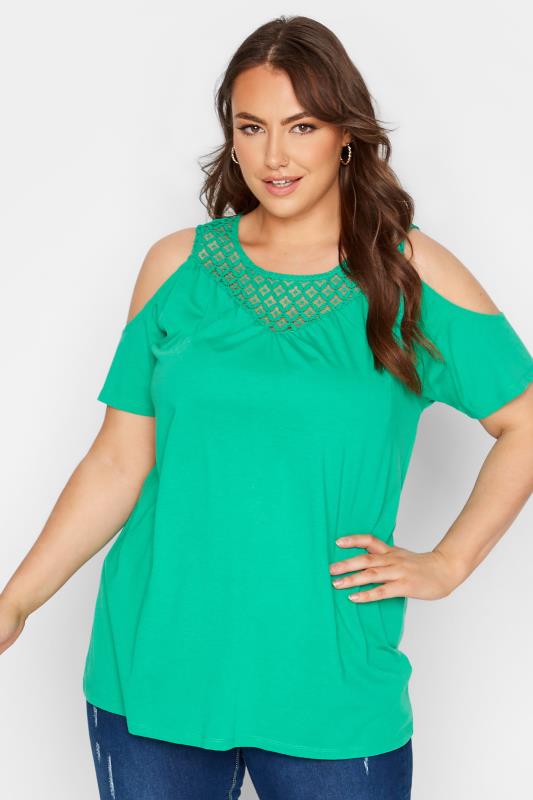 Plus Size Bright Green Lace Detail Cold Shoulder Top | Yours Clothing 1