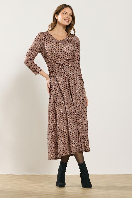 M&Co Mocha Brown Spot Twist Front Dress | M&Co 1