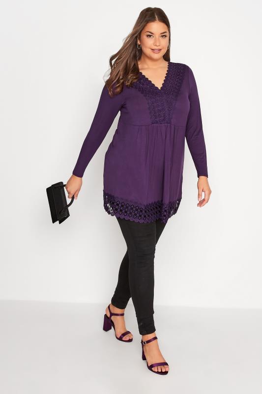 Plus Size Purple Crochet Trim Long Sleeve Tunic Top | Yours Clothing 2