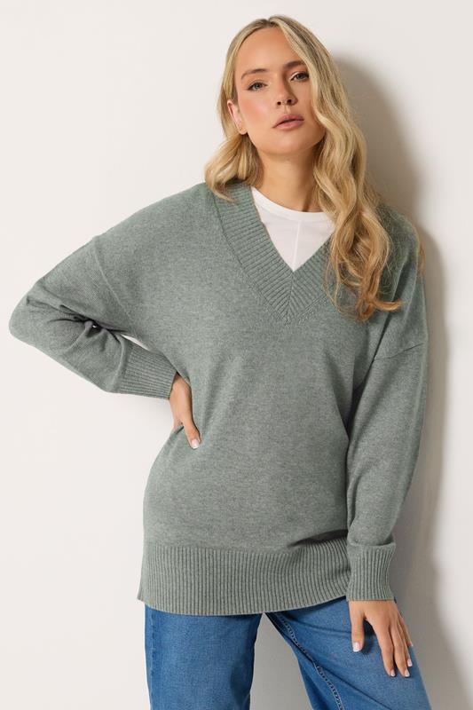 LTS Tall Women's Grey V-Neck Knitted Jumper | Long Tall Sally 1