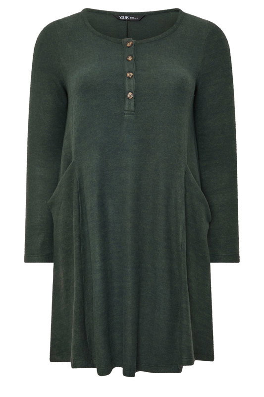 dark green casual dress YOURS Plus Size Henley Drape Pocket short casual green dress