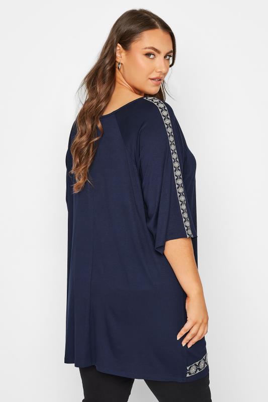 Plus Size Navy Blue Embroidered Tie Neck Top | Yours Clothing 3