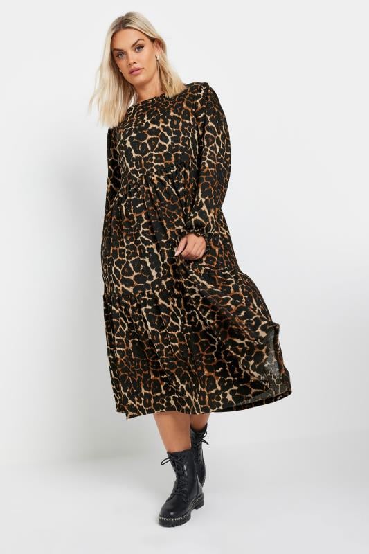 YOURS Plus Size Brown Leopard Print Textured Midaxi Dress | Yours Clothing 2