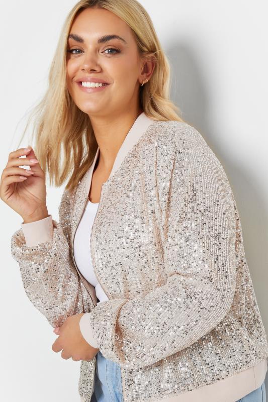 YOURS Plus Size Silver Sequin Embellished Bomber Jacket | Yours Clothing 1