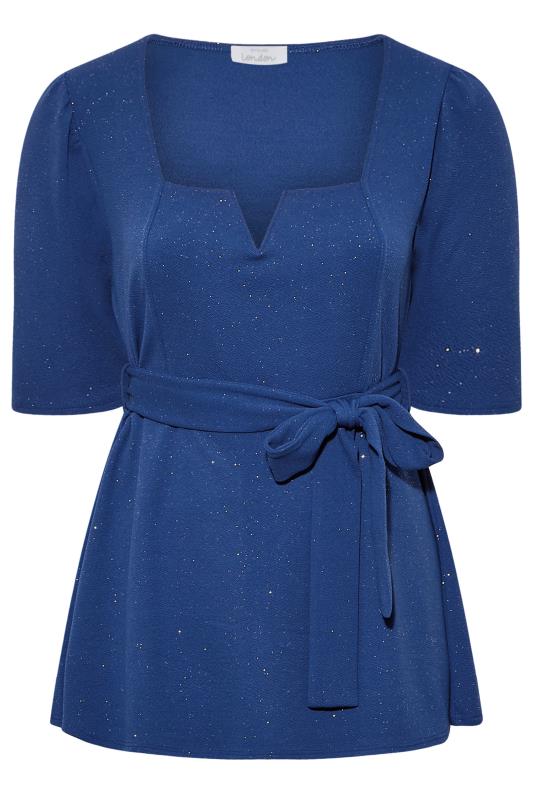 YOURS LONDON Plus-Size Curve Blue Glitter Peplum Top | Yours Clothing 6