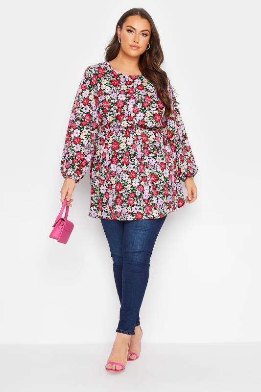 Curve Plus Size Pink & Purple Floral Balloon Sleeve Shirred Waist Peplum Top | Yours Clothing  2