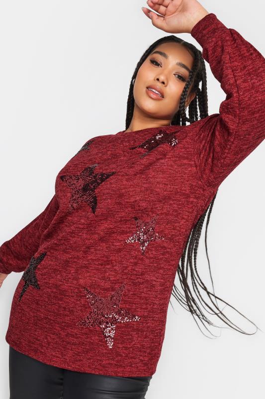 YOURS LUXURY Plus Size Red Sequin Star Print Jumper | Yours Clothing 1