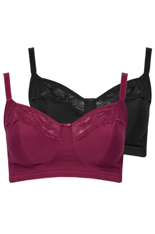  M&Co 2 PACK Black & Burgundy Red Cotton Lace Trim Bras
