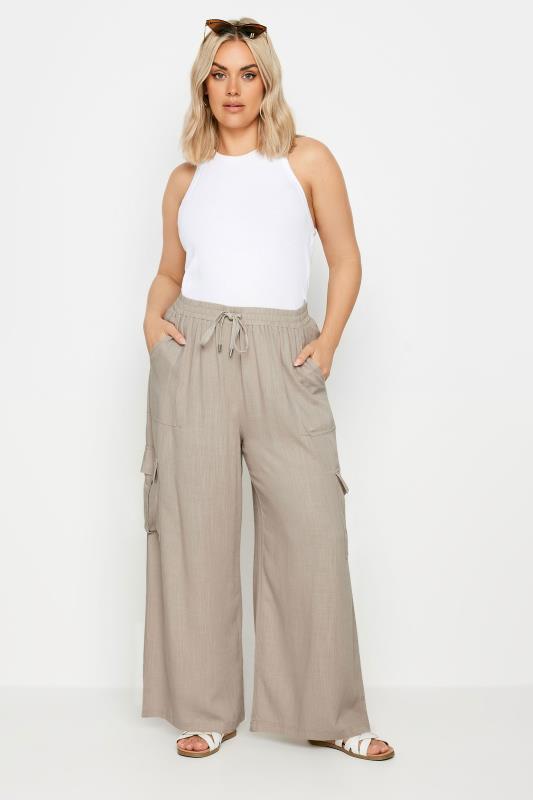 YOURS Plus Size Stone Brown Linen Wide Leg Cargo Trousers | Yours Clothing 3