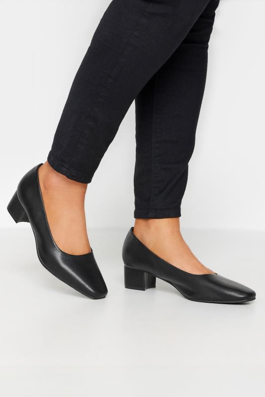Black Faux Leather Block Heel Court Shoes In Extra Wide EEE Fit | Yours Clothing 1