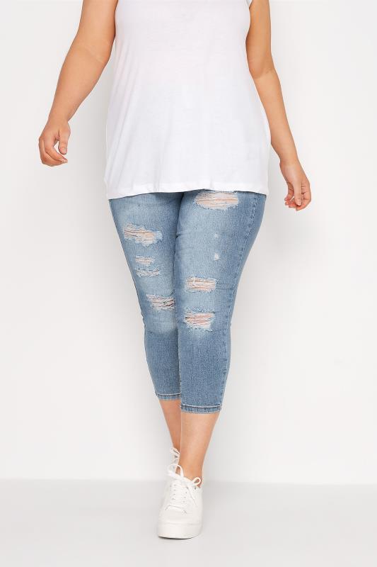  Tallas Grandes YOURS FOR GOOD Curve Washed Blue Ripped Stretch Cropped JENNY Jeggings
