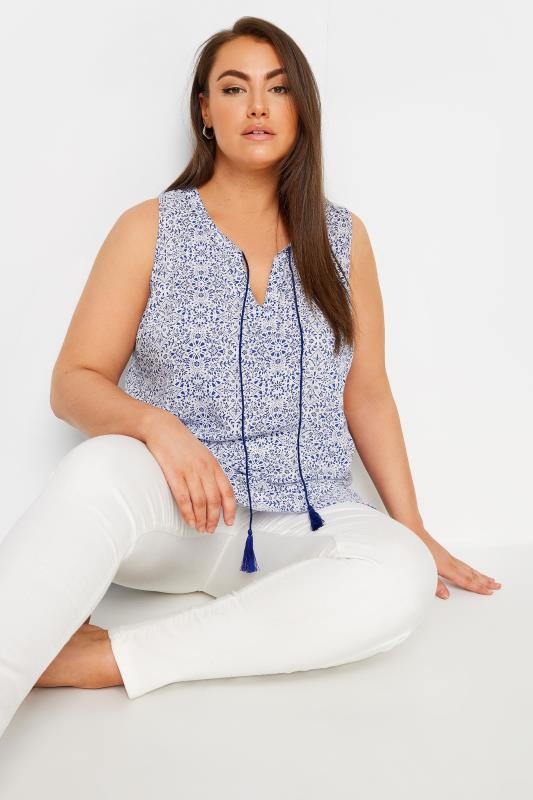 YOURS Plus Size Blue Tie Neck Sleeveless Blouse | Yours Clothing 4