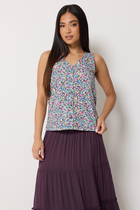 M&Co Petite Pink Floral Print Cotton Button Vest Top | M&Co 1