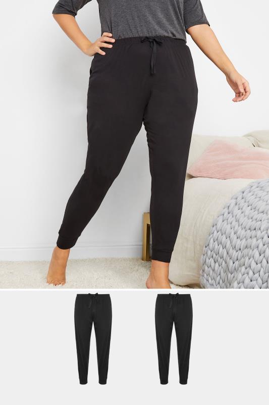 2 PACK Plus Size Black Cuffed Pyjama Bottoms | Yours Clothing 1