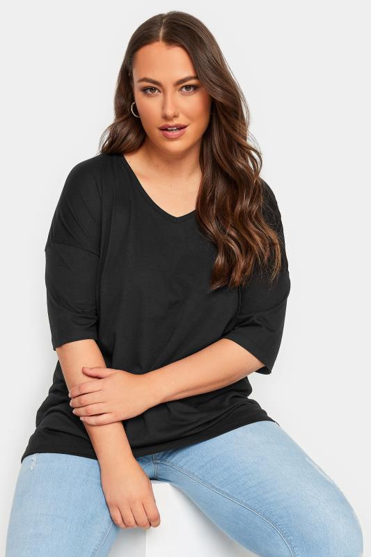 Plus Size Black V-Neck T-Shirt | Yours Clothing  1