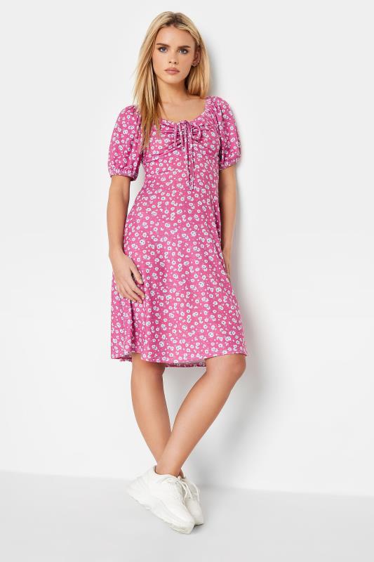 Petite Pink Daisy Print Ruched Front Dress | PixieGirl 1