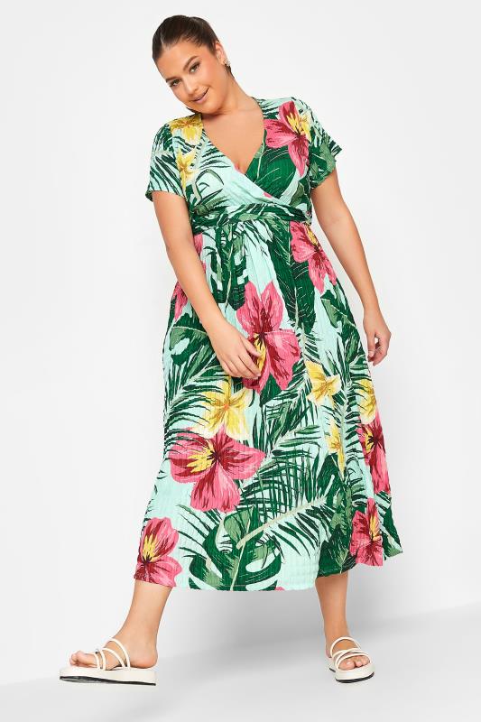 YOURS Curve Plus Size Green & Pink Tropical Floral Print Wrap Dress | Yours Clothing 2