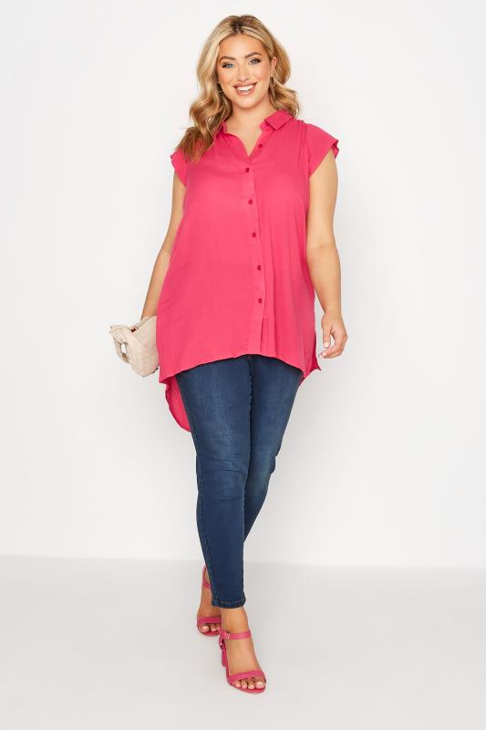 Plus Size Hot Pink Cap Sleeve Dipped Hem Shirt | Yours Clothing 2