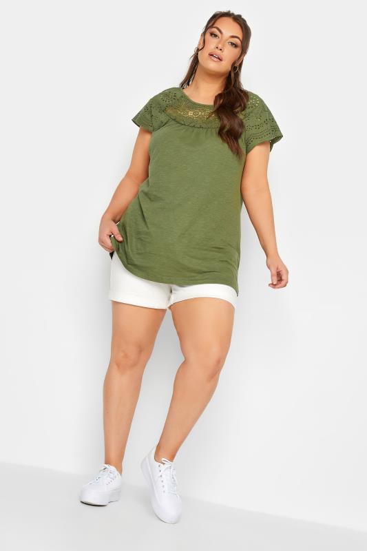 YOURS Plus Size Khaki Green Crochet Lace Top | Yours Clothing 2
