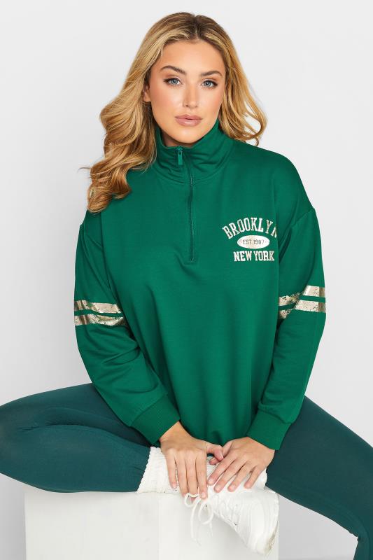 Plus Size Green Metallic 'Brooklyn' Varsity Half Zip Sweatshirt | Yours Clothing 4