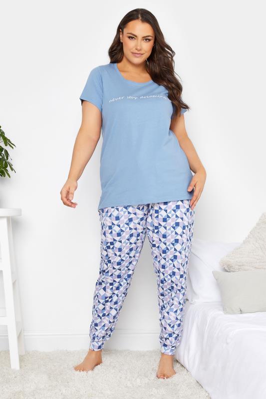 YOURS Plus Size Blue Geometric Print Cuffed Pyjama Set | Yours Clothing 1