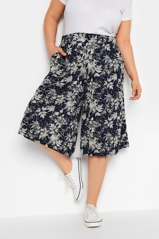 YOURS Plus Size Navy Blue & Natural Leaf Print Culottes | Yours Clothing 1