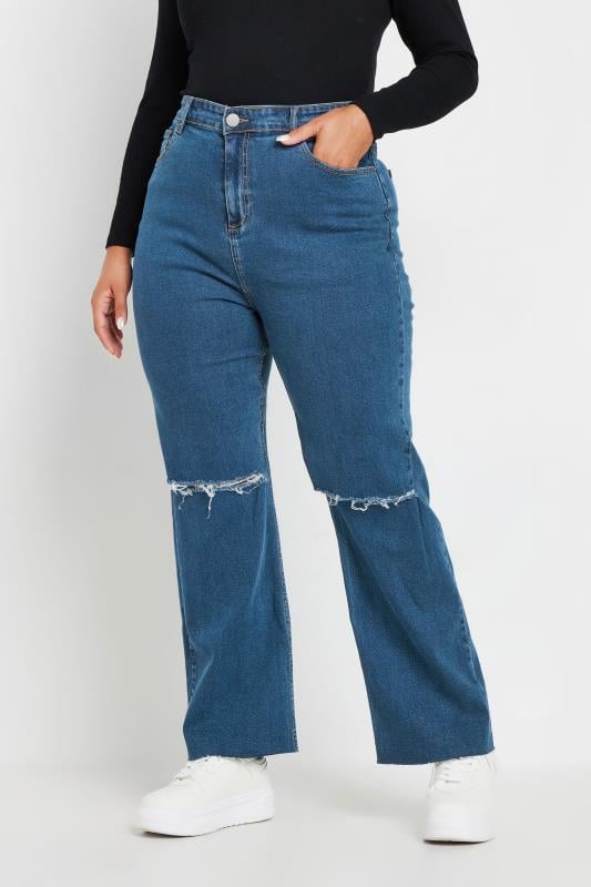 Plus Size Mid Blue Ripped Wide Leg Jeans | Yours Clothing 1