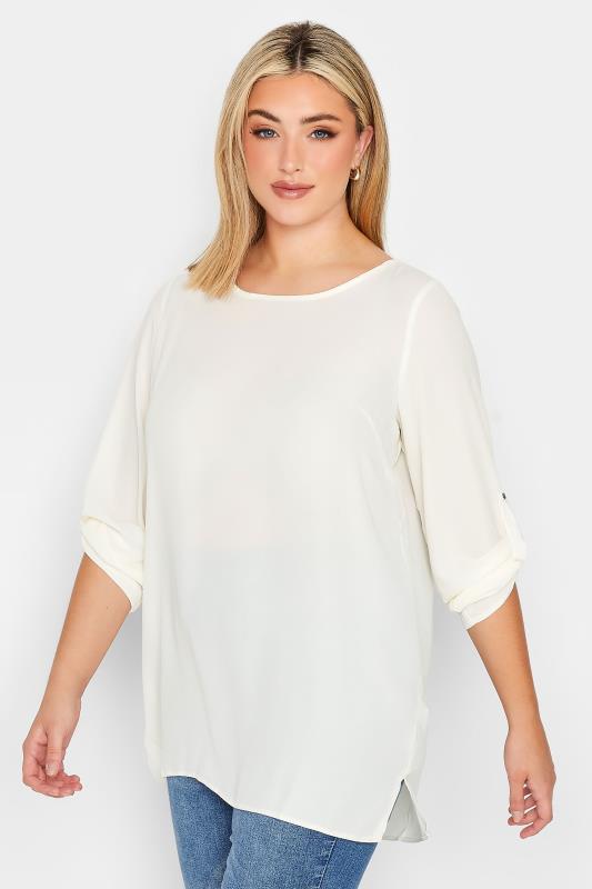 YOURS Plus Size Cream Tab Sleeve Blouse | Yours Clothing 1