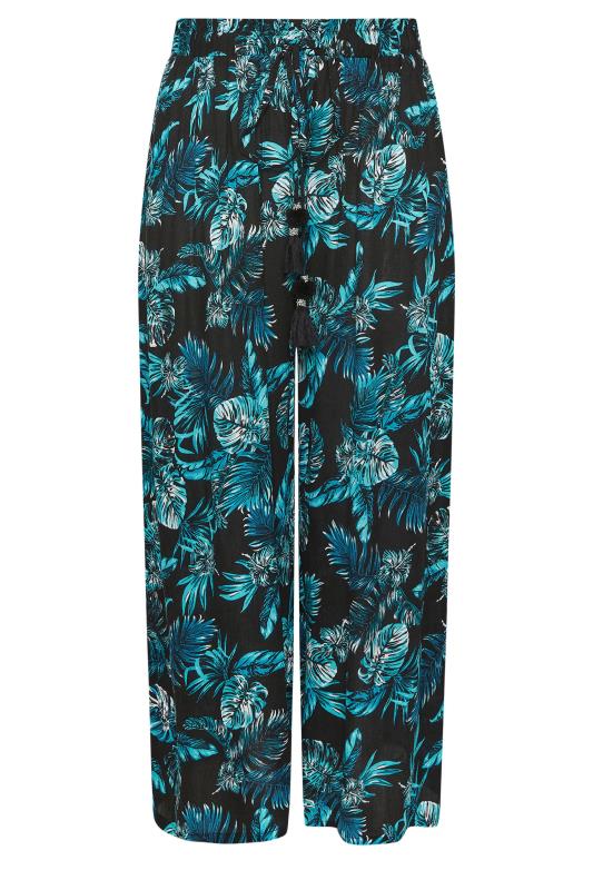 YOURS Plus Size Black Tropical Print Crinkle Tassel Trousers | Yours Clothing 2